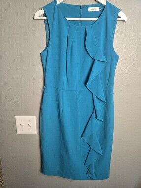 Calvin Klein Teal Blue Sleeveless Ruffle Midi Dress